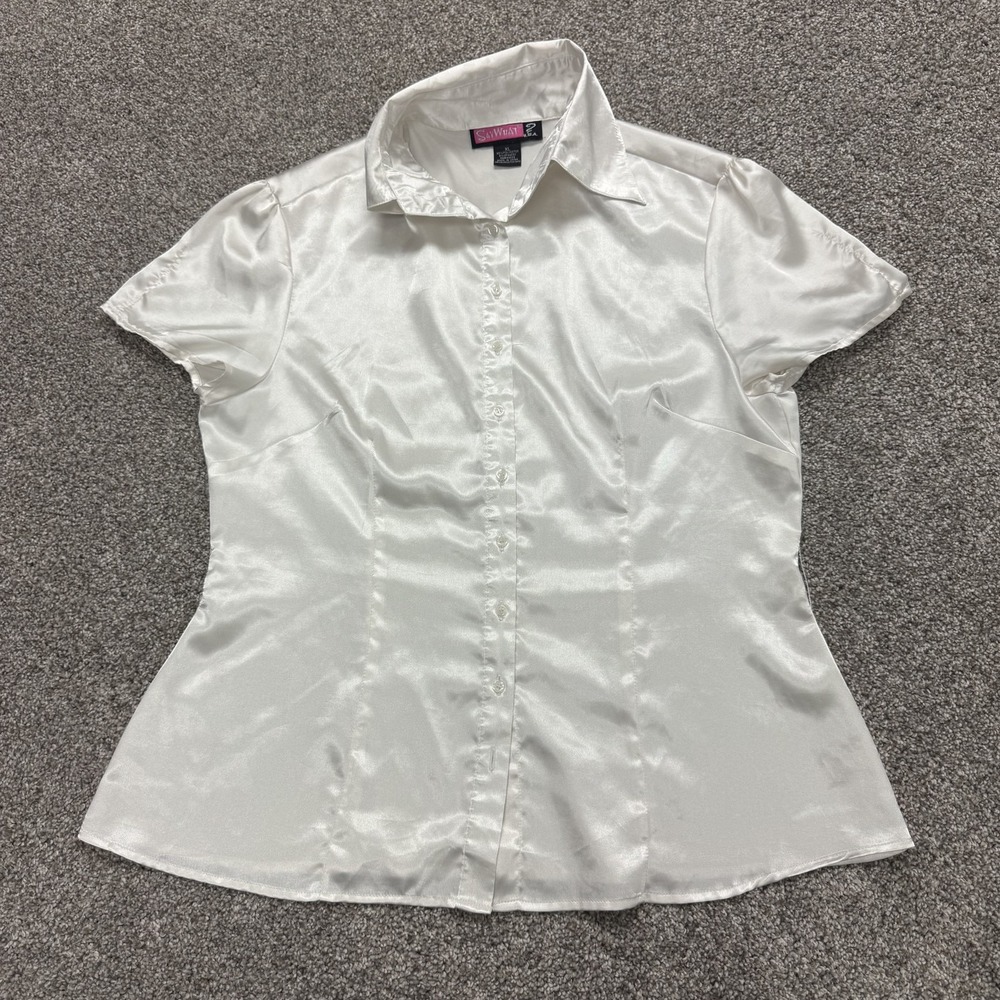 Y2K SayWhat Blouse Womens XL White Satin Collared Short Sleeve Button Stretch